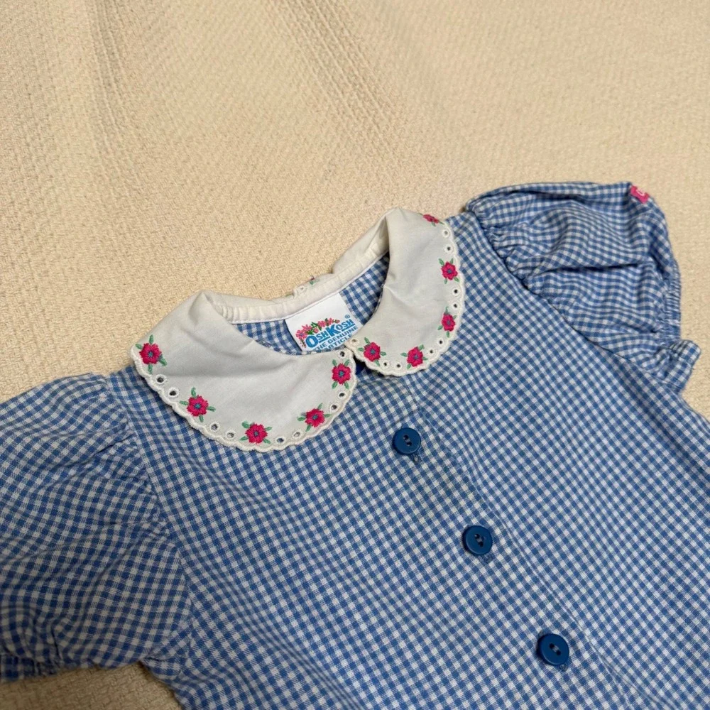 Vintage OshKosh‎ Bgosh Blue Gingham Dress Embroidered Floral Collar USA Girls 2T